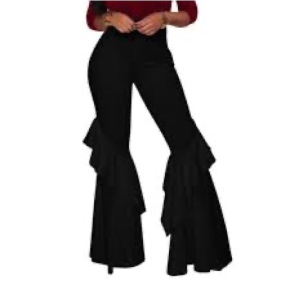 Fashion Nova Pants - 💃🏽Ruffle Tiered Bell Flare Flounce Pants! High Waist 🖤 Invisible Back Zipper